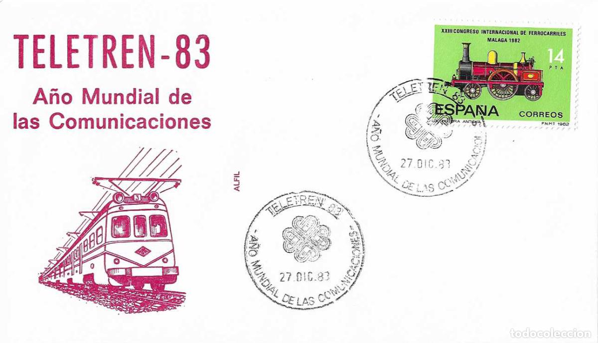 Sellos: TRENES FERROCARRIL TELETREN-83 A&Ntilde;O MUNDIAL COMUNICACIONES 1983 MATASELLOS EN SOBRE DE ALFIL RARO ASI