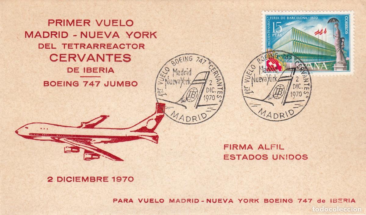 Sellos: MATASELLOS PRIMER VUELO BOEING CERVANTES - MADRID NUEVA YORK - 1970