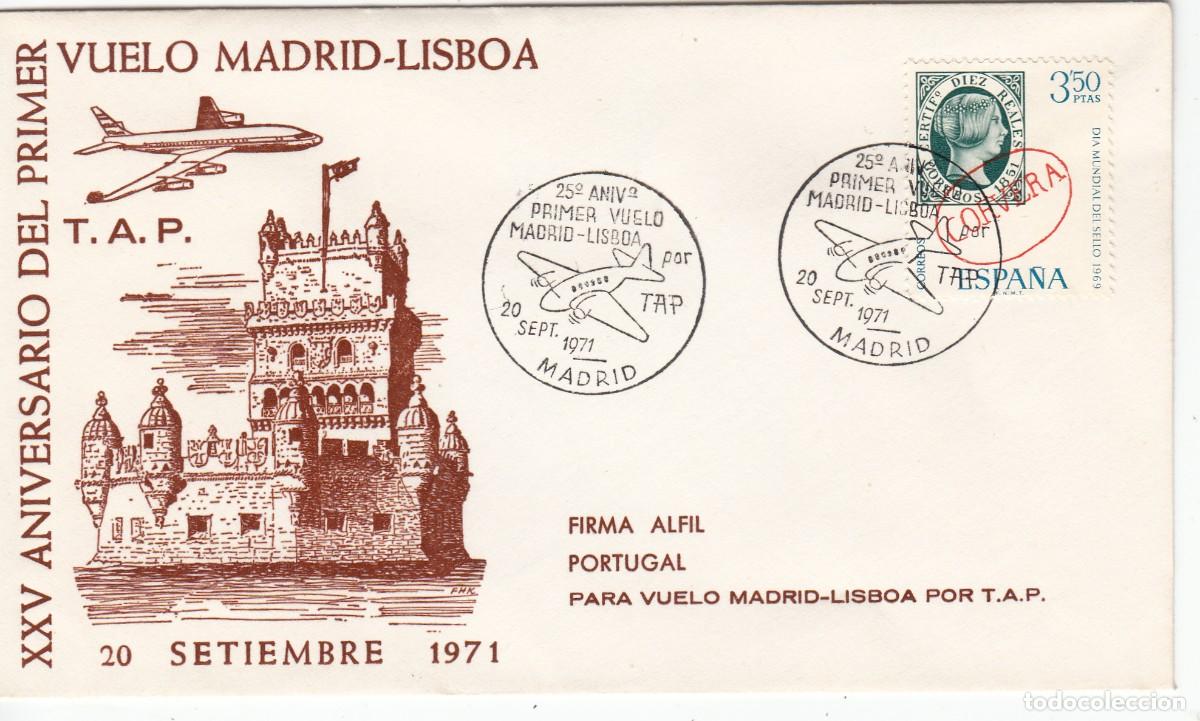 Sellos: MATASELLOS 2 ANIV. PRIMER VUELO MADRID - LISBOA CON TAP - 1971
