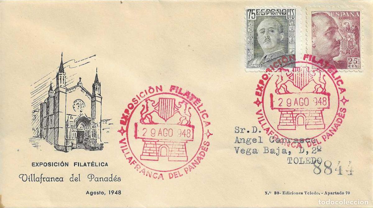 Sellos: BASILICA DE SANTA MARIA EXPOSICION, VILLAFRANCA DEL PANAD&Eacute;S (BARCELONA) 1948 MATASELLOS SOBRE ET RWR
