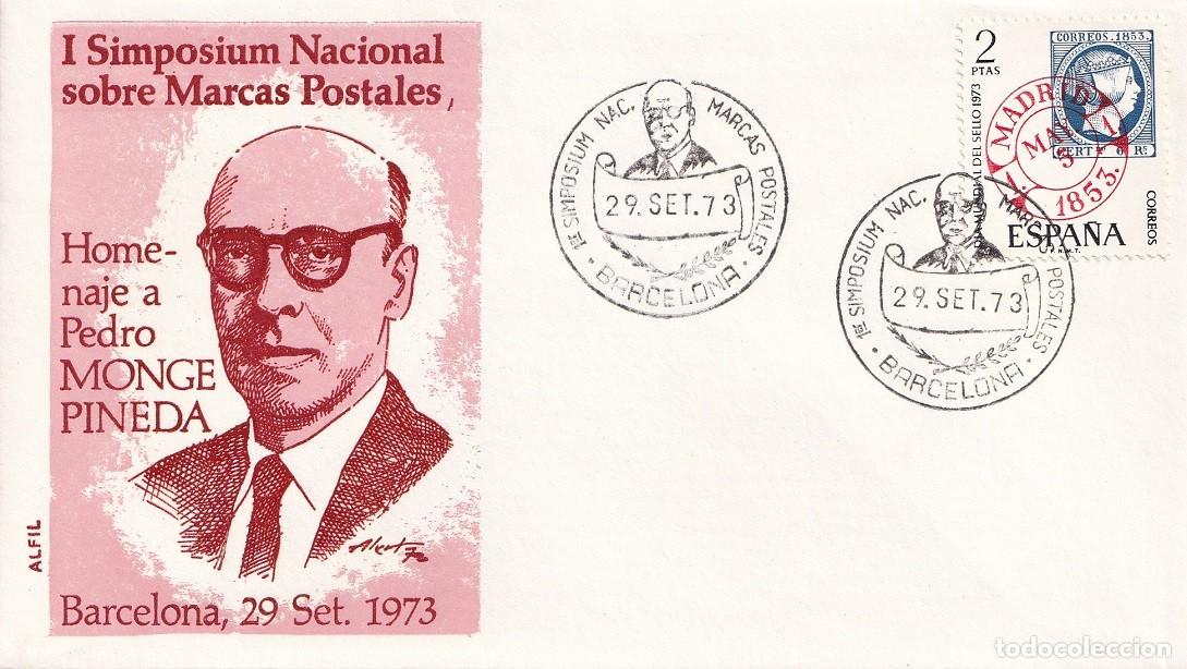 Sellos: Sobre en Alfil Barcelona 1973 - I Simposium Nacional Marcas Postales - Homenaje a Pedro Monge Pineda