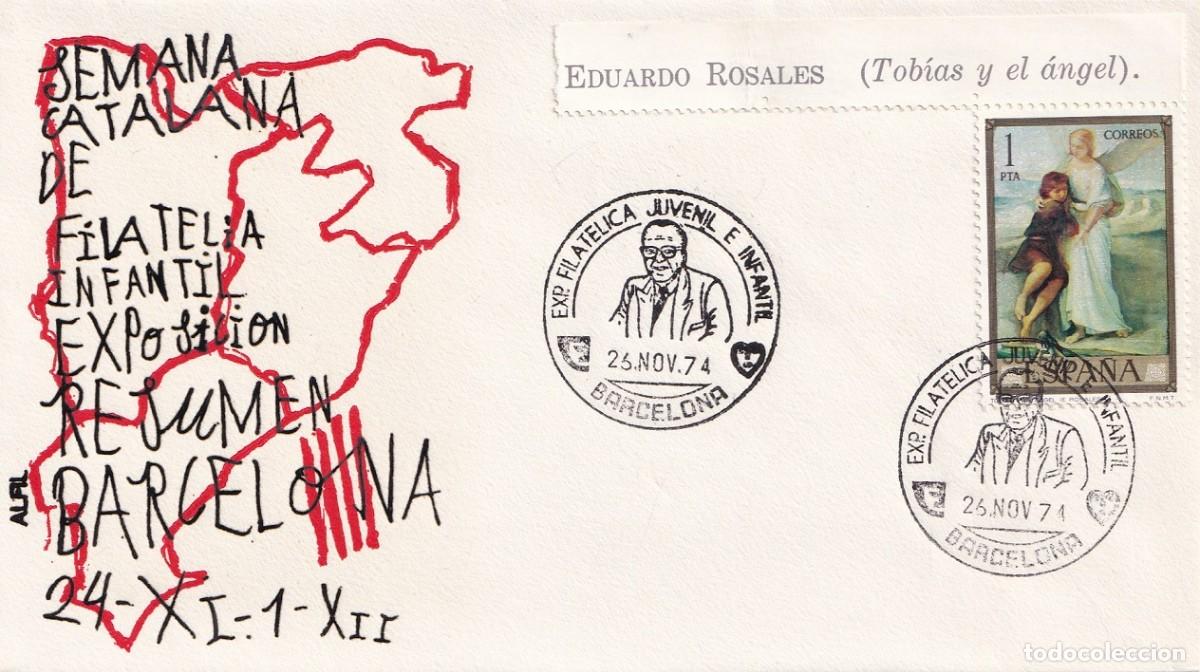 Sellos: Sobre en Alfil Barcelona 1974 - Semana Catalana de Filatelia Infantil - Exposici&oacute;n resumen