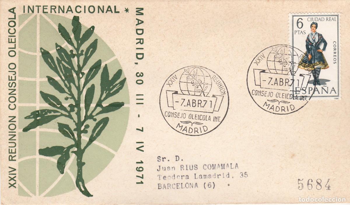 Sellos: TEM. ACEITE - OLIVO - MATASELLOS REUNI&Oacute;N CONSEJO OLE&Iacute;COLA INTERNACIONAL - MADRID - 1971
