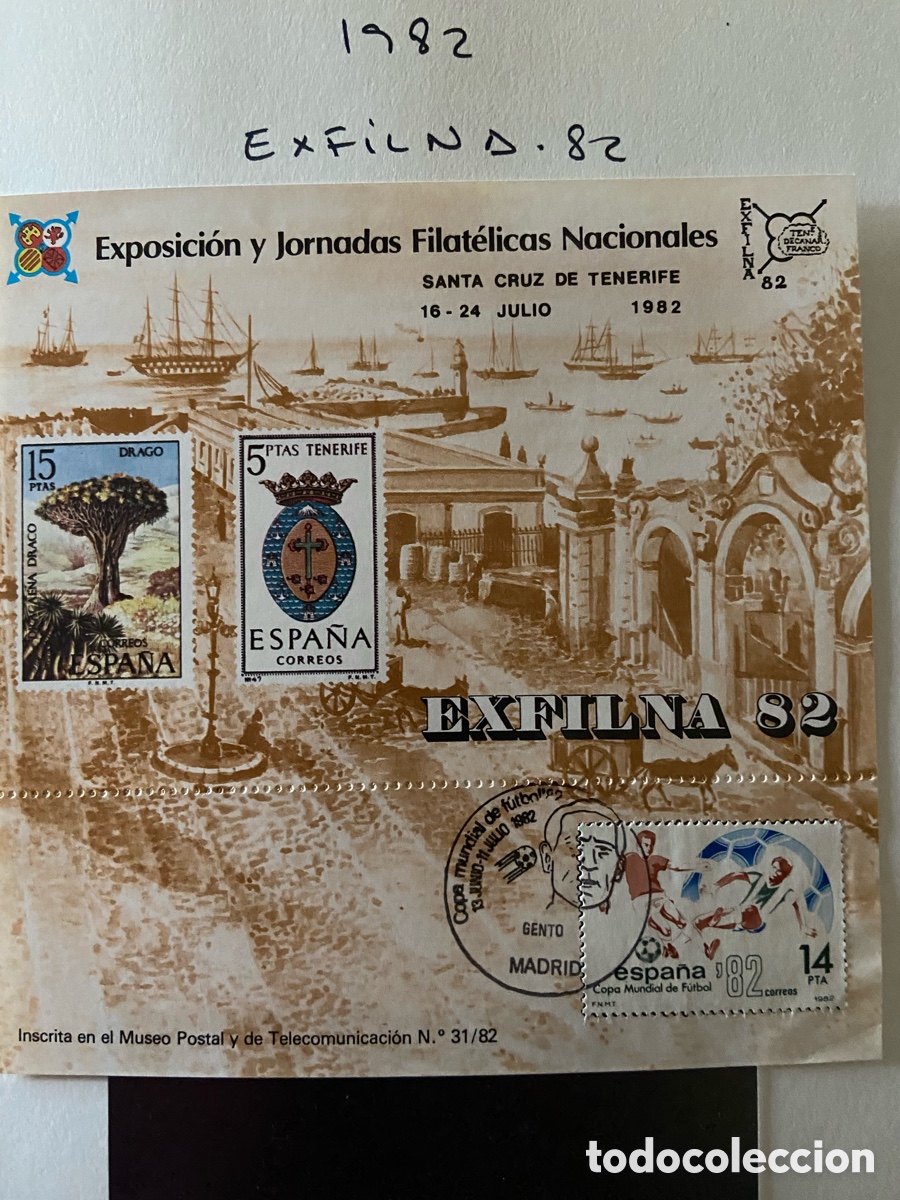 Sellos: HOJA RECUERDO EXFILNA 82. TENERIFE. MATASELLOS F&Uacute;TBOL. GENTO