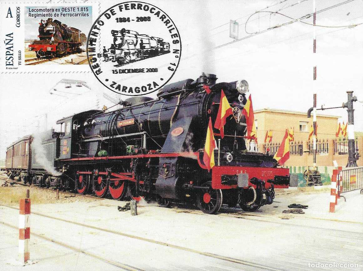 Sellos: RARO TU SELLO TRENES REGIMIENTO DE FERROCARRILES N&ordm; 13, ZARAGOZA 2008 MATASELLOS FERROCARRIL TARJETA