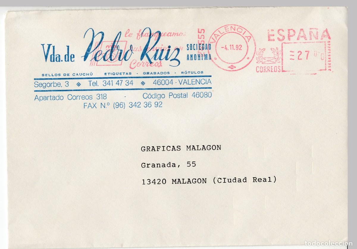 Sellos: 1992 FRANQUEO MECANICO CORREOS VALENCIA. MEMBRETE VDA PEDRO RUIZ SELLOS CAUCHU, ETIQUETAS, GRABADOS