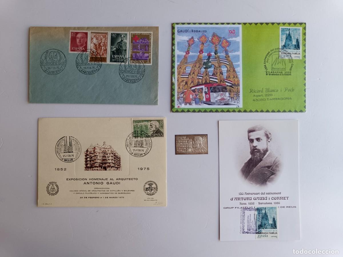 Sellos: MATASELLOS ANTONI GAUDI EN POSTAL - SOBRES Y DOCUMENTO + SELLO DE 8 PTAS. DE PLATA DE A. GAUDI