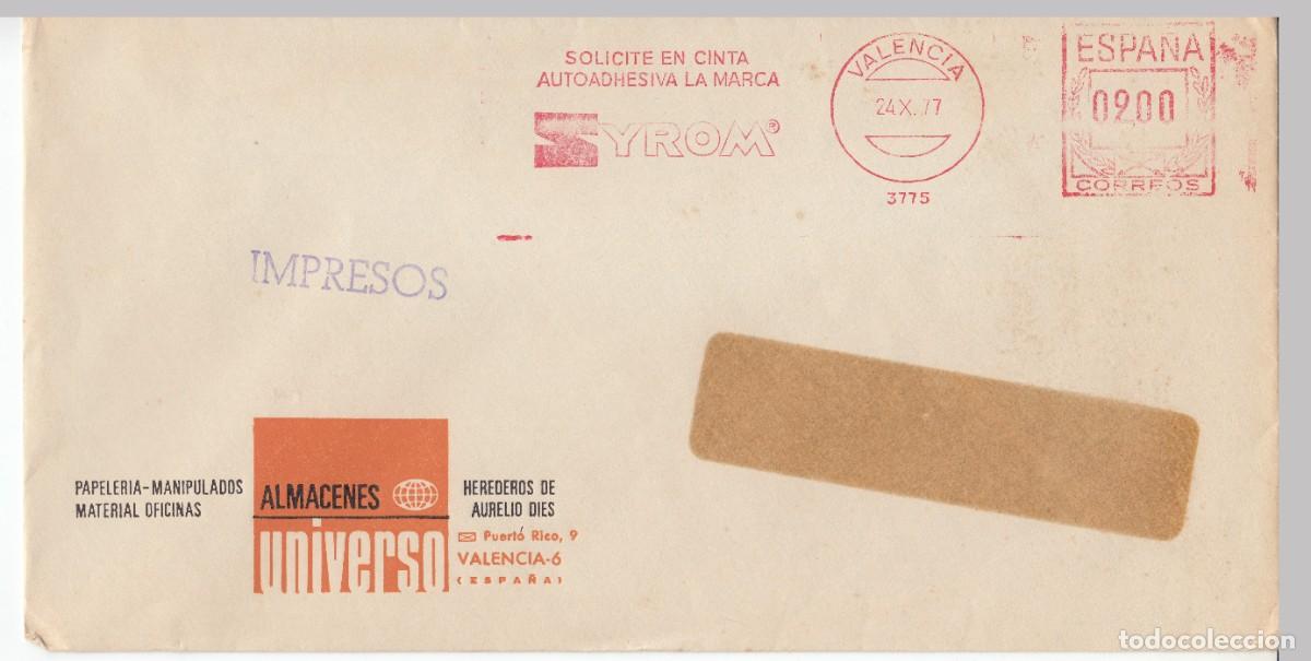 Sellos: 1977 FRANQUEO MECANICO VALENCIA SYROM CINTA AUTOADHESIVA N&ordm; 3775. MEMBRETE ALMACENES UNIVERSO PAPELE