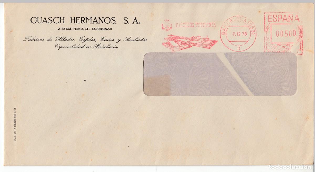Sellos: 1978 FRANQUEO MECANICO BARCELONA (959). MEMBRETE GUASH HERMANOS FABRICA HILADOS, TEJIDOS, TINTES