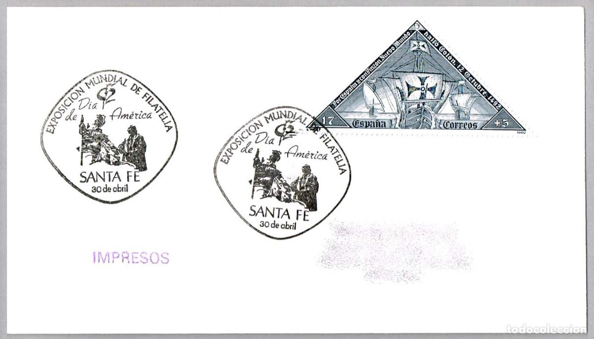 Sellos: Matasellos EXP.MUNDIAL DE FILATELIA - DIA DE AMERICA. Santa Fe, Granada, Andalucia, 1992