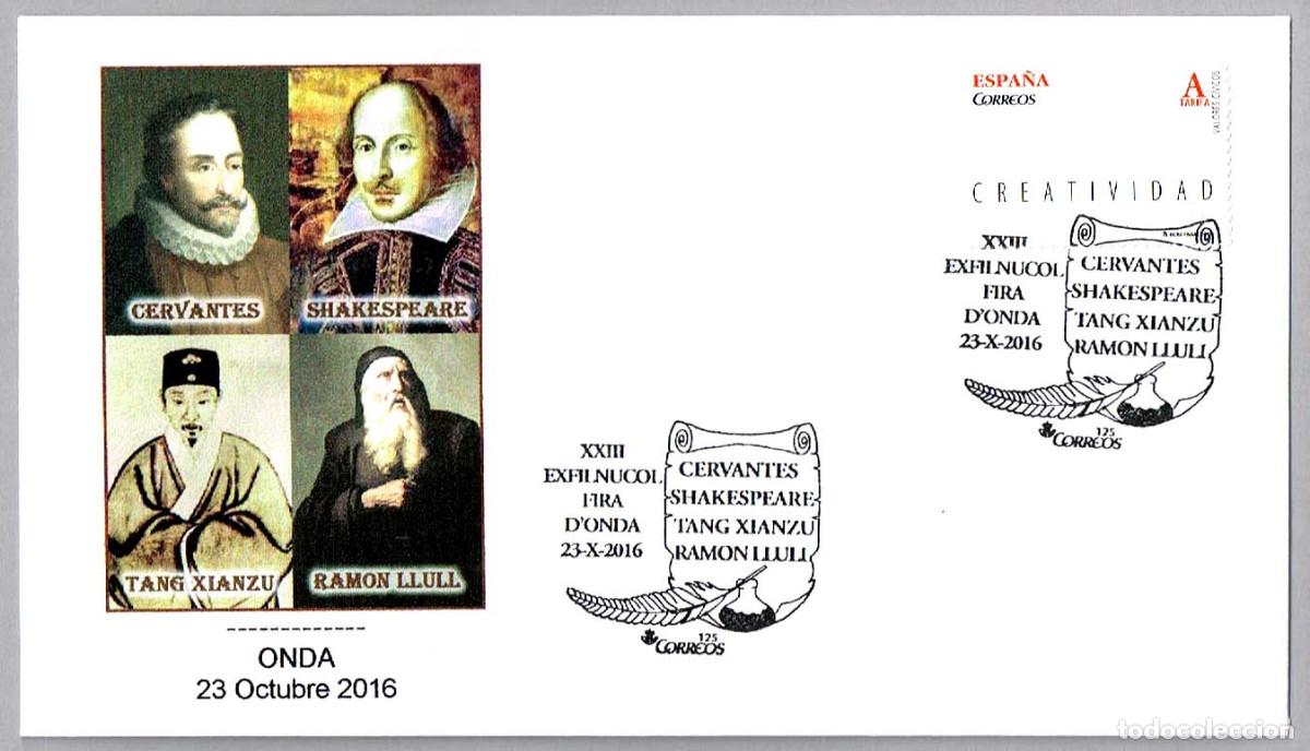 Sellos: Matasellos ESCRITORES CERVANTES, SHAKESPEARE, TANG XIANZU Y RAMON LLULL. Onda 2016