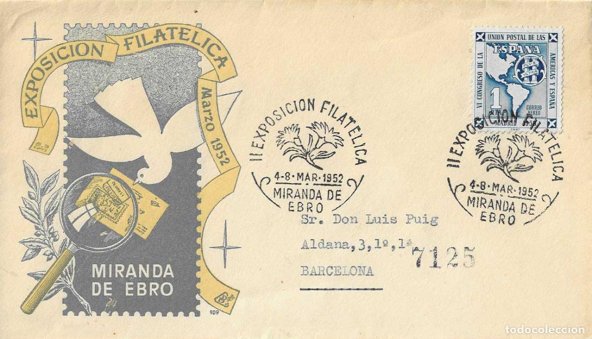 Sellos: II EXPOSICION FILATELICA, MIRANDA DE EBRO (BURGOS) 1952 MATASELLOS EN SOBRE CIRCULADO DE DP RARO ASI