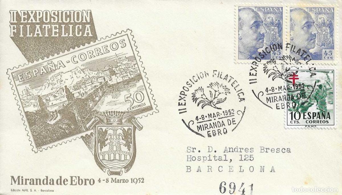 Sellos: II EXPOSICION FILATELICA, MIRANDA DE EBRO (BURGOS) 1952. RARO MATASELLOS EN SOBRE CIRCULADO DE ALFIL