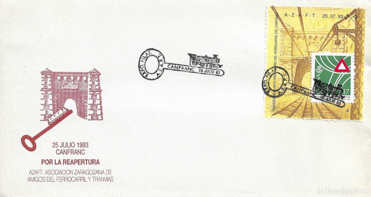Sellos: RARO VI&Ntilde;ETA TRENES CONCENTRACION PRO REAPERTURA, CANFRANC (HUESCA) 1993. MATASELLOS SOBRE ILUSTRADO
