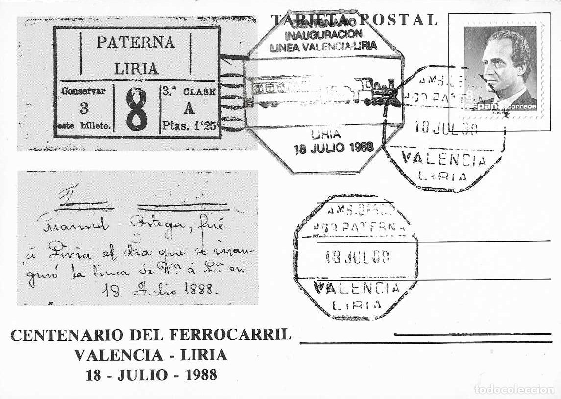 Sellos: TRENES CENTENARIO FERROCARRIL VALENCIA-LIRIA 1988. MATASELLOS AMBULANTE EN TARJETA MODELO 2 RARO ASI