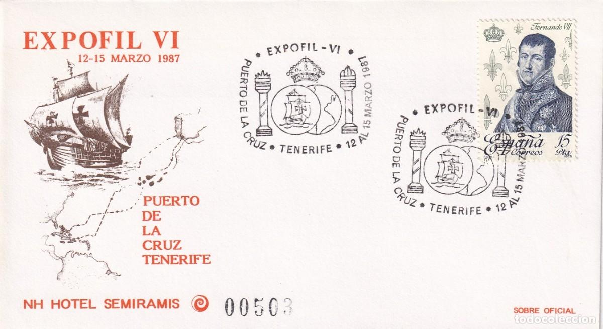 Sellos: Sobre oficial Puerto de la Cruz Tenerife 1987 - Expofil VI NH Hotel Semiramis - Matasellos especial