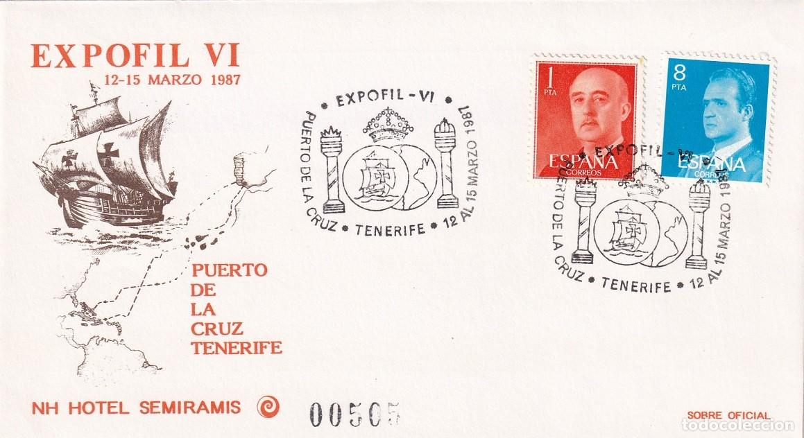 Sellos: Sobre oficial Puerto de la Cruz Tenerife 1987 - Expofil VI NH Hotel Semiramis - Matasellos especial