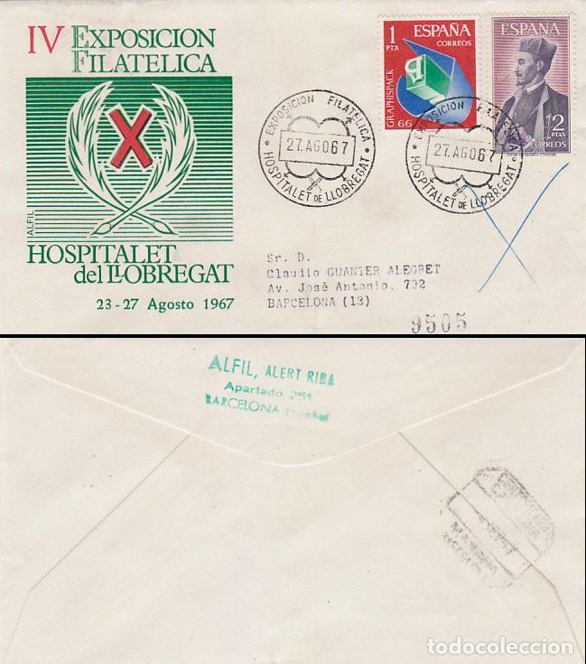 Sellos: A&Ntilde;O 1967, HOSPITALET DE LLOBREGAT, EXPOSICION FILATELICA, sobre de alfil circulado