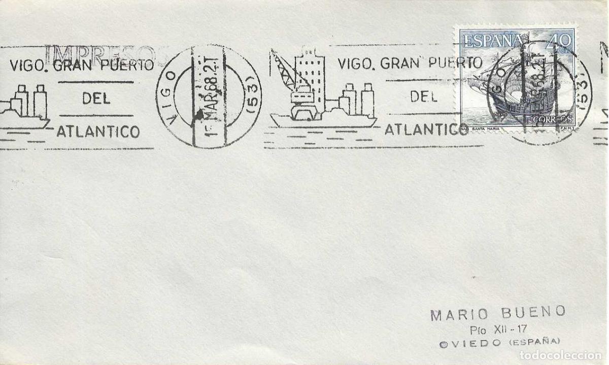 Sellos: VIGO GRAN PUERTO DEL ATLANTICO, VIGO (PONTEVEDRA) 1968. RARO MATASELLOS DE RODILLO EN SOBRE