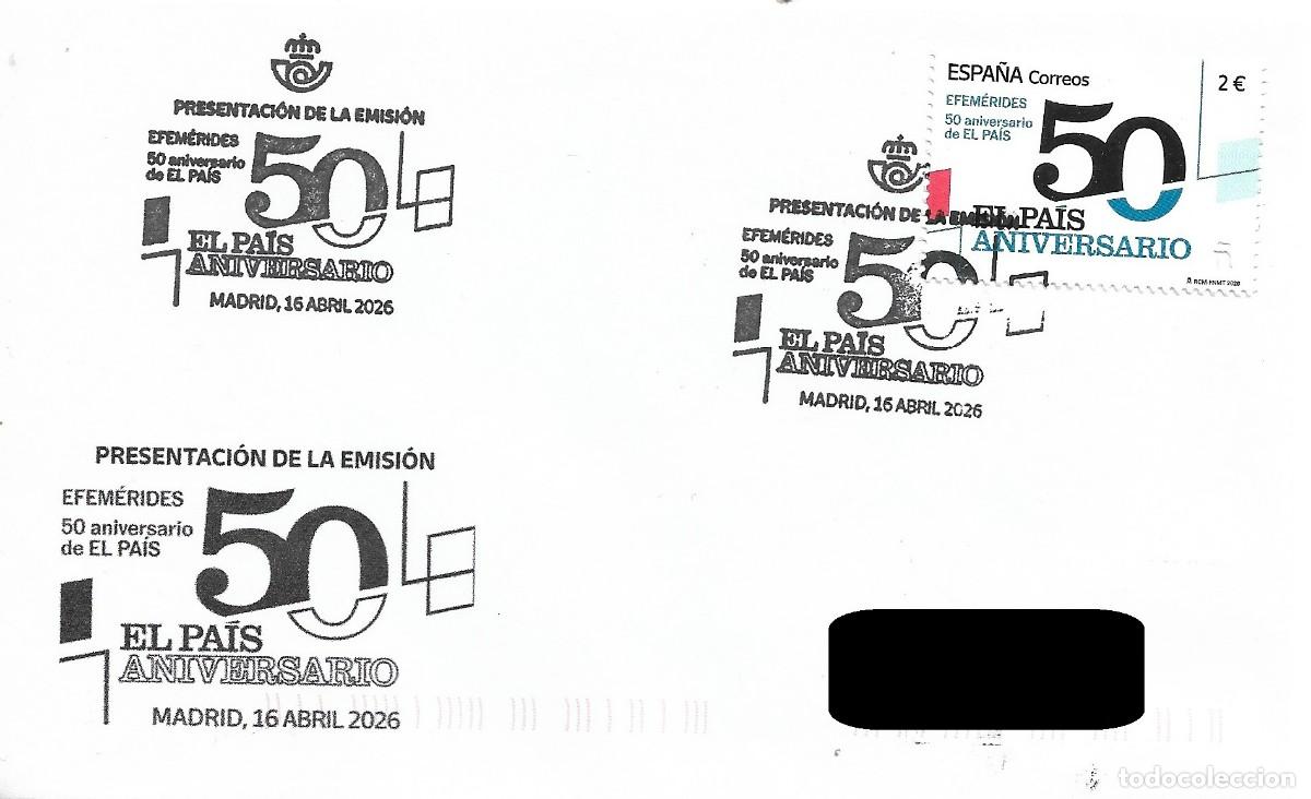 Sellos: ESPA&Ntilde;A. MATASELLOS ESPECIAL DE PRESENTACION. 50 ANIVERSARIO PERIODICO &rdquo;EL PAIS&rdquo;. MADRID. 2026