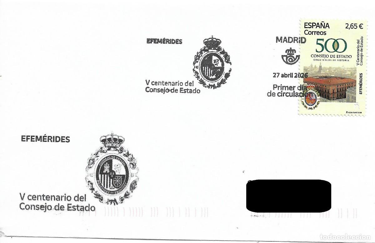 Sellos: ESPA&Ntilde;A. SOBRE PRIMER DIA. V CENTENARIO DEL CONSEJO DE ESTADO. MADRID. 2026