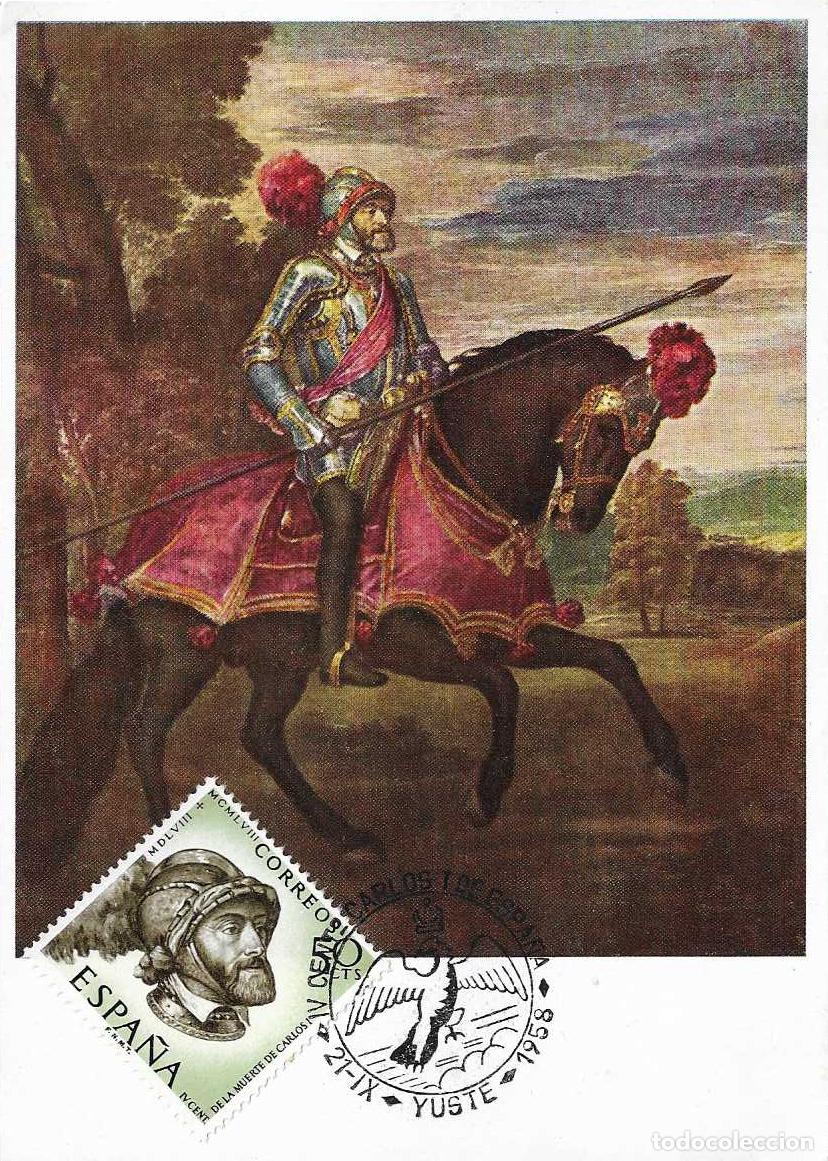 Sellos: CARLOS I DE ESPA&Ntilde;A IV CENTENARIO, YUSTE (CACERES) 1958. MATASELLOS EN TARJETA VER REVERSO RARO ASI