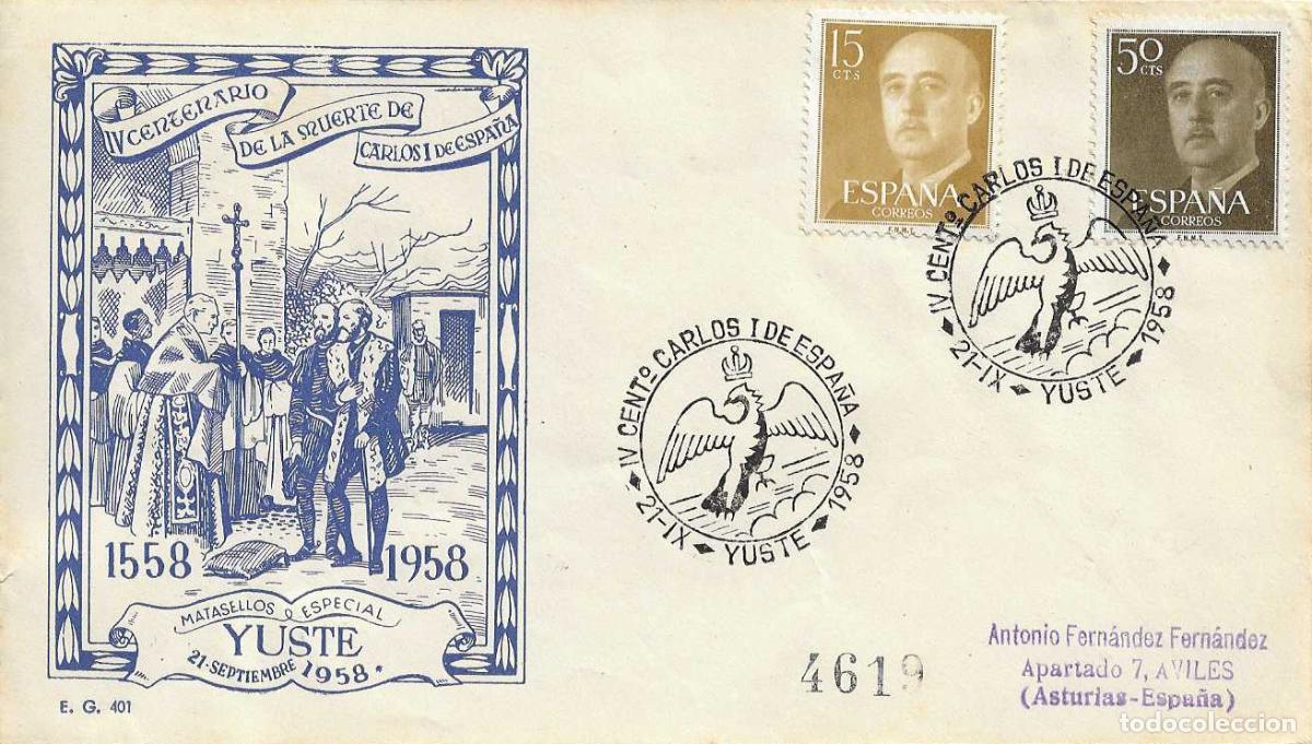 Sellos: CARLOS I DE ESPA&Ntilde;A IV CENTENARIO, YUSTE (CACERES) 1958 MATASELLOS EN SOBRE CIRCULADO EG MUY RARO WXZ