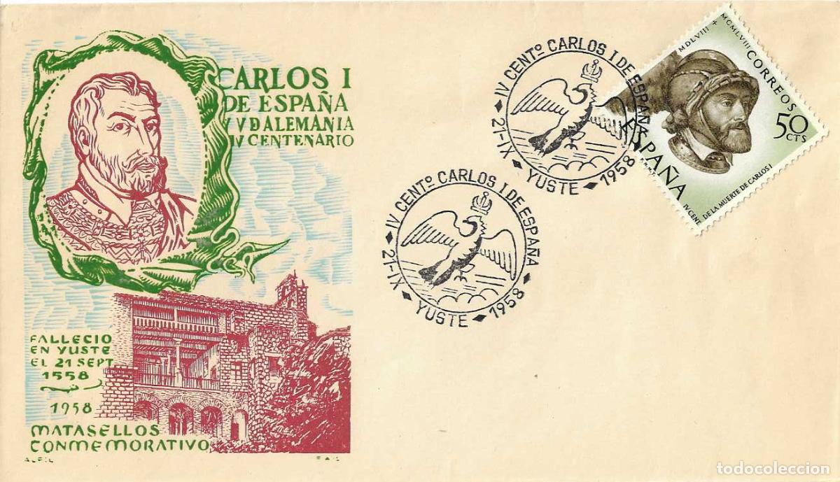 Sellos: CARLOS I DE ESPA&Ntilde;A IV CENTENARIO, YUSTE (CACERES) 1958. MATASELLOS EN SOBRE SIN CIRCULAR ALFIL RARO