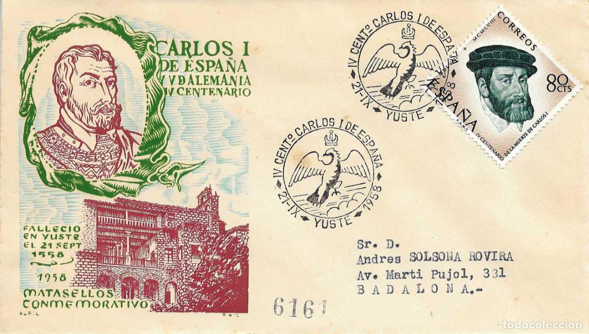 Sellos: CARLOS I DE ESPA&Ntilde;A IV CENTENARIO, YUSTE (CACERES) 1958. RARO MATASELLOS EN SOBRE CIRCULADO ALFIL RWR