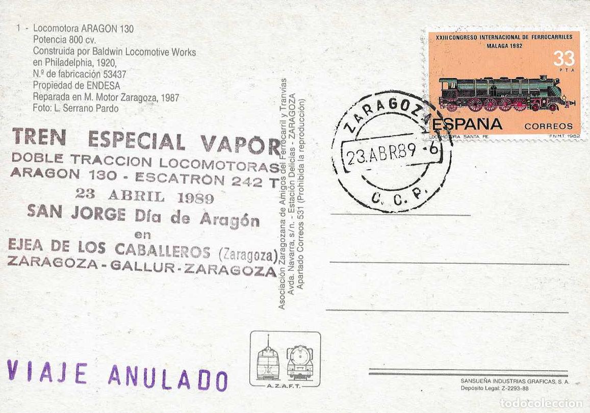 Sellos: TRENES TREN ESPECIAL VAPOR SAN JORGE DIA DE ARAGON EJEA DE LOS CABALLEROS ZARAGOZA 1989 EN TARJETA
