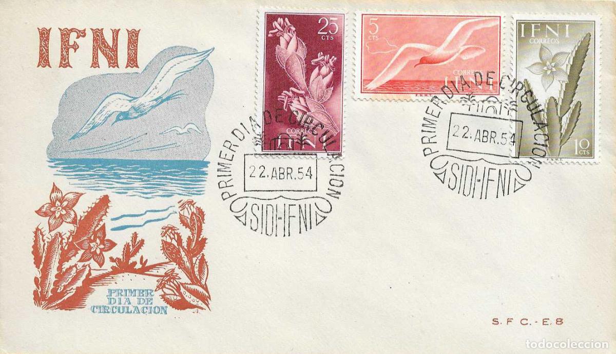 Sellos: IFNI SERIE BASICA 1954 FLORA Y FAUNA (EDIFIL 103/05) SPD SIN CIRCULAR DEL SERVICIO FILATELICO RARO