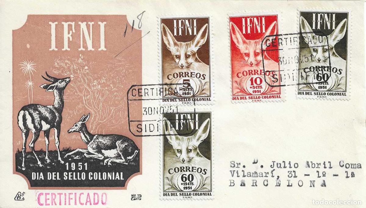Sellos: IFNI DIA DEL SELLO 1951 (EDIFIL 76/78) EN SPD CIRCULADO DE DP MATASELLOS CORREO CERTIFICADO RARO ASI