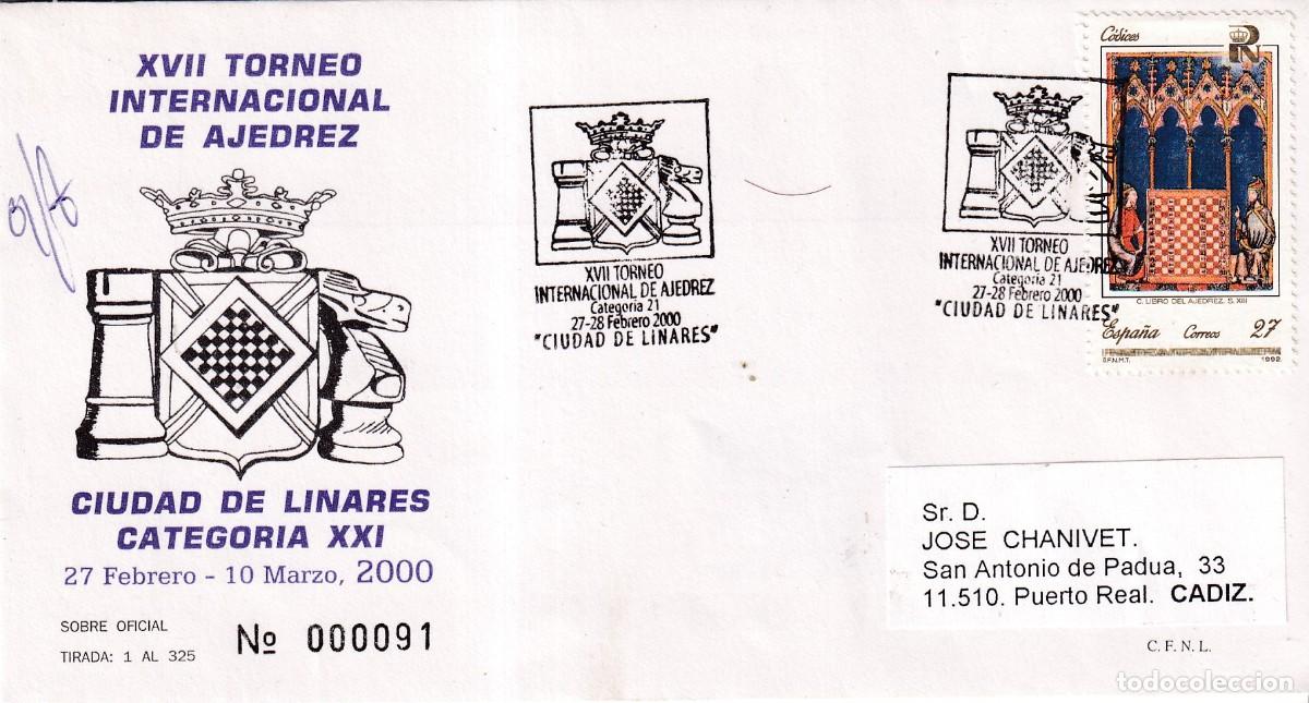 Sellos: AJEDREZ CHESS - XVII TORNEO INTERNACIONAL CIUDAD DE LINARES 2000 - MATASELLOS AL DORSO - FOTO AD.