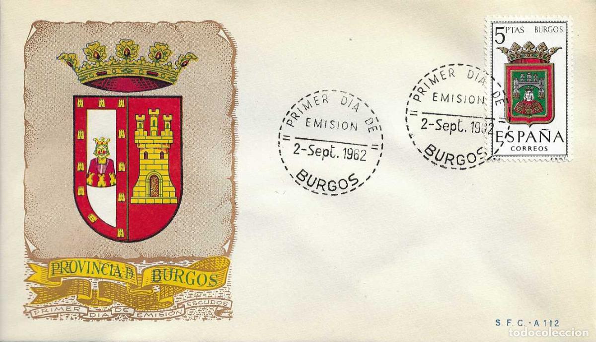 Sellos: ESCUDO DE BURGOS 1962 MATASELLOS PROVINCIA (EDIFIL 1414) EN SOBRE PRIMER DIA DEL SERVICIO FILATELICO
