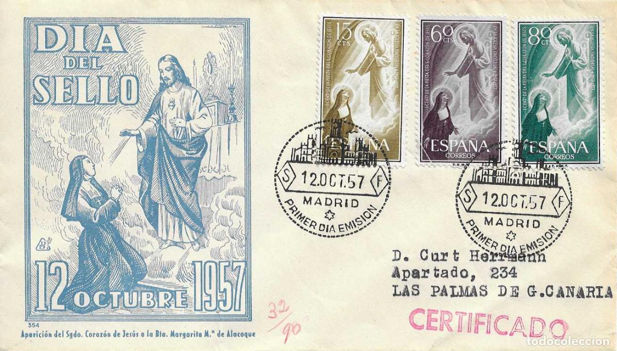 Sellos: SAGRADO CORAZON DE JESUS CENTENARIO 1957 (EDIFIL 1206/08) EN SOBRE PRIMER DIA CIRCULADO DP RARO ASI