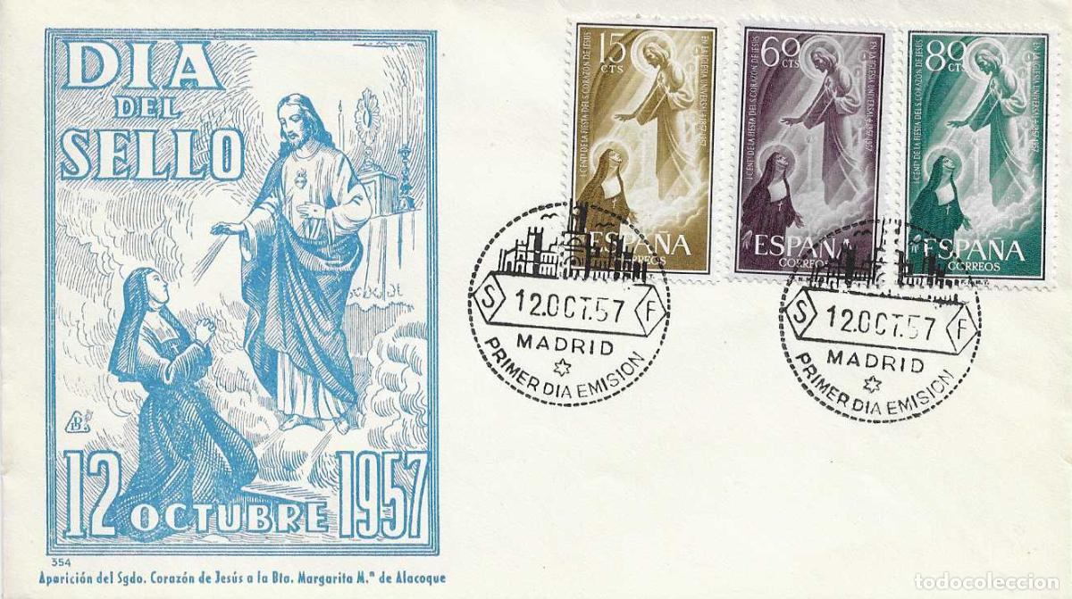 Sellos: SAGRADO CORAZON DE JESUS CENTENARIO 1957 (EDIFIL 1206/08) SOBRE PRIMER DIA SIN CIRCULAR DP RARO ASI