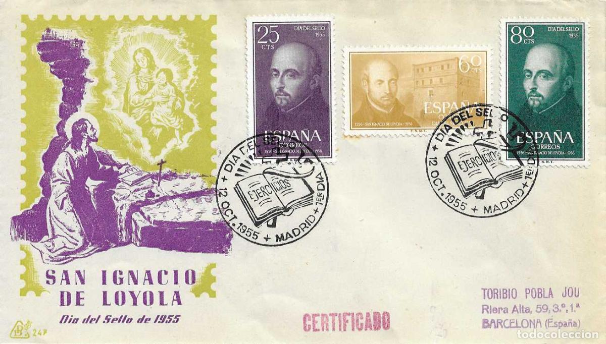 Sellos: SAN IGNACIO LOYOLA IV CENTENARIO 1955 (EDIFIL 1166/68) SPD DP CIRCULADO A ALMERIA RELIGION RARO ASI