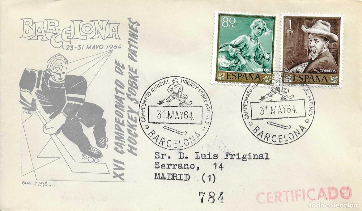 Sellos: HOCKEY PATINES XVI CAMPEONATO MUNDIAL, BARCELONA 31 MAYO 1964. MATASELLOS EN SOBRE CIRCULADO MS RARO