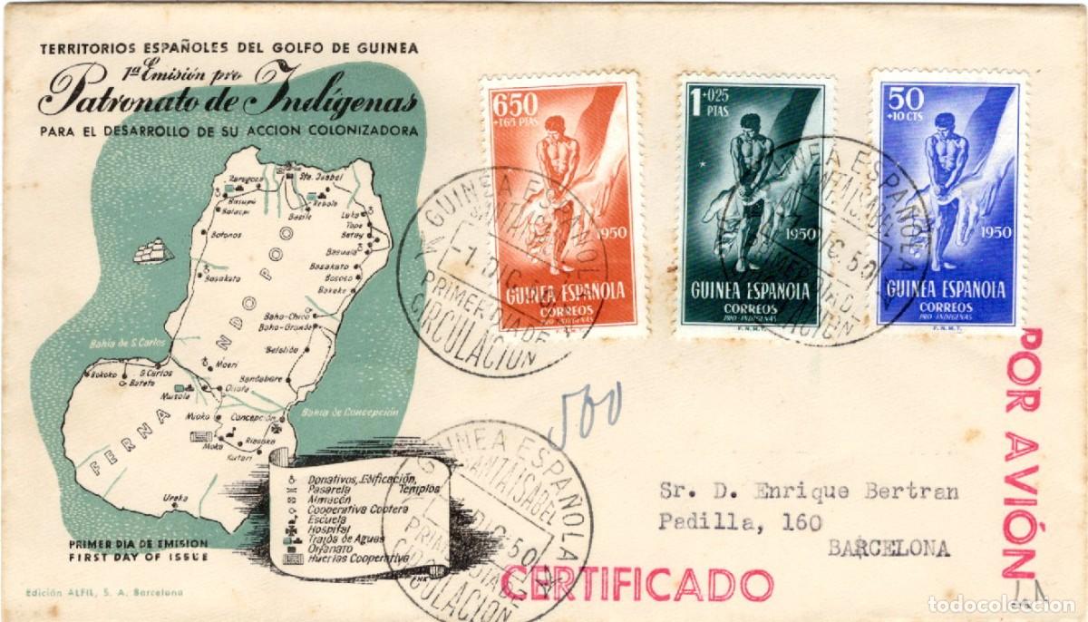 Stamps: SC25 Sobre del primer d&iacute;a circulado por avion GUINEA ESPA&Ntilde;OLA a&ntilde;o 1950 v.c. 41 &euro;