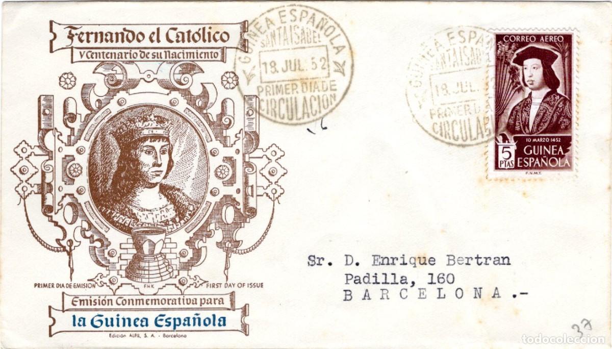 Selos: SC32 Sobre del primer d&iacute;a circulado y certificado GUINEA ESPA&Ntilde;OLA a&ntilde;o 1952 v.c. 37 &euro;