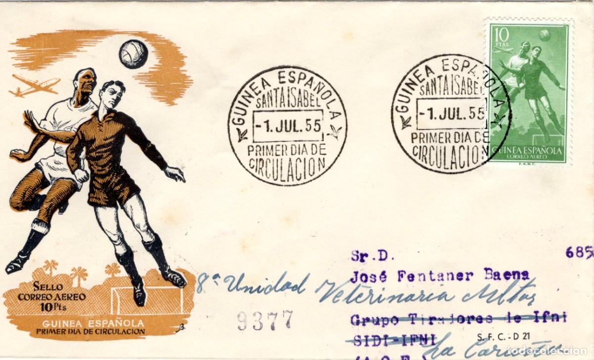 Selos: SC42 Sobre del primer d&iacute;a circulado y certificado GUINEA ESPA&Ntilde;OLA a&ntilde;o 1955 v.c. 5 &euro;