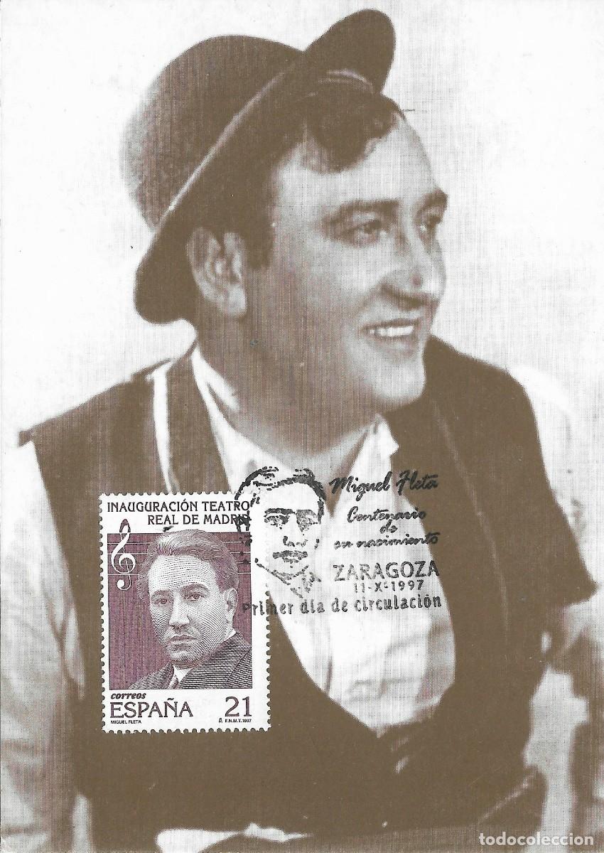 Sellos: ESPA&Ntilde;A. TARJETA MAXIMA PRIMER DIA. TENOR MIGUEL FLETA. ZARAGOZA. 1997