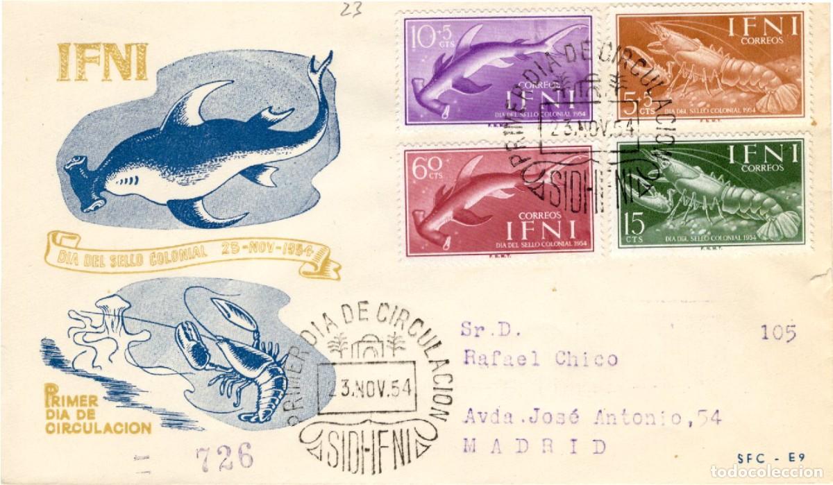 Selos: SC65 Sobre del primer d&iacute;a circulado y certificado IFNI a&ntilde;o 1954 v.c. 5 &euro;