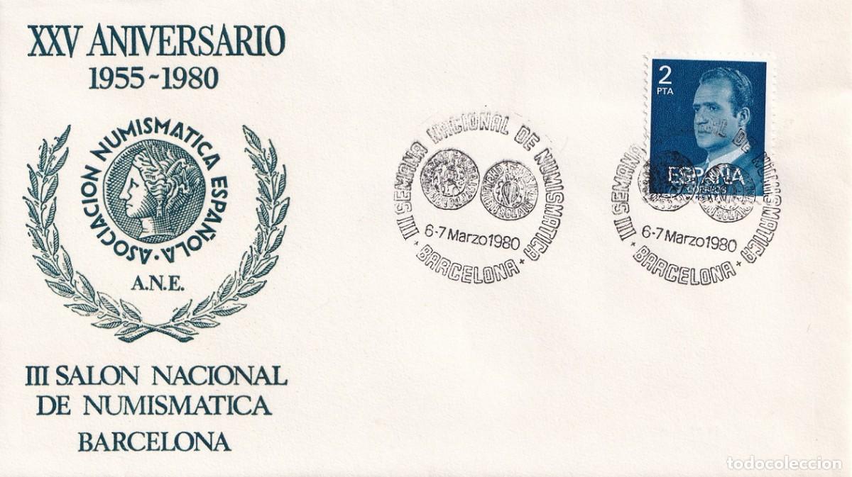 Sellos: Sobre Barcelona 1980 - XXV Aniversario 1955-1980 - A.N.E. - III Sal&oacute;n Nacional de Numism&aacute;tica