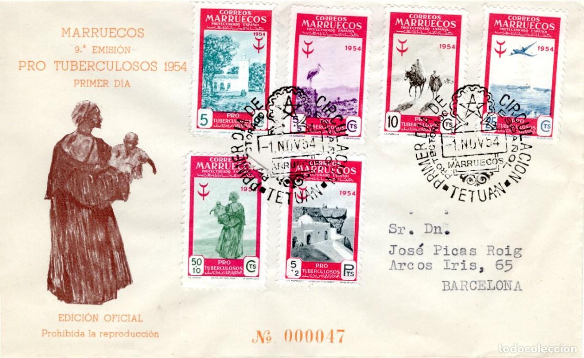 Francobolli: SC109 Sobre del primer d&iacute;a circulado y certificado MARRUECOS a&ntilde;o 1954 v.c. 21 &euro;