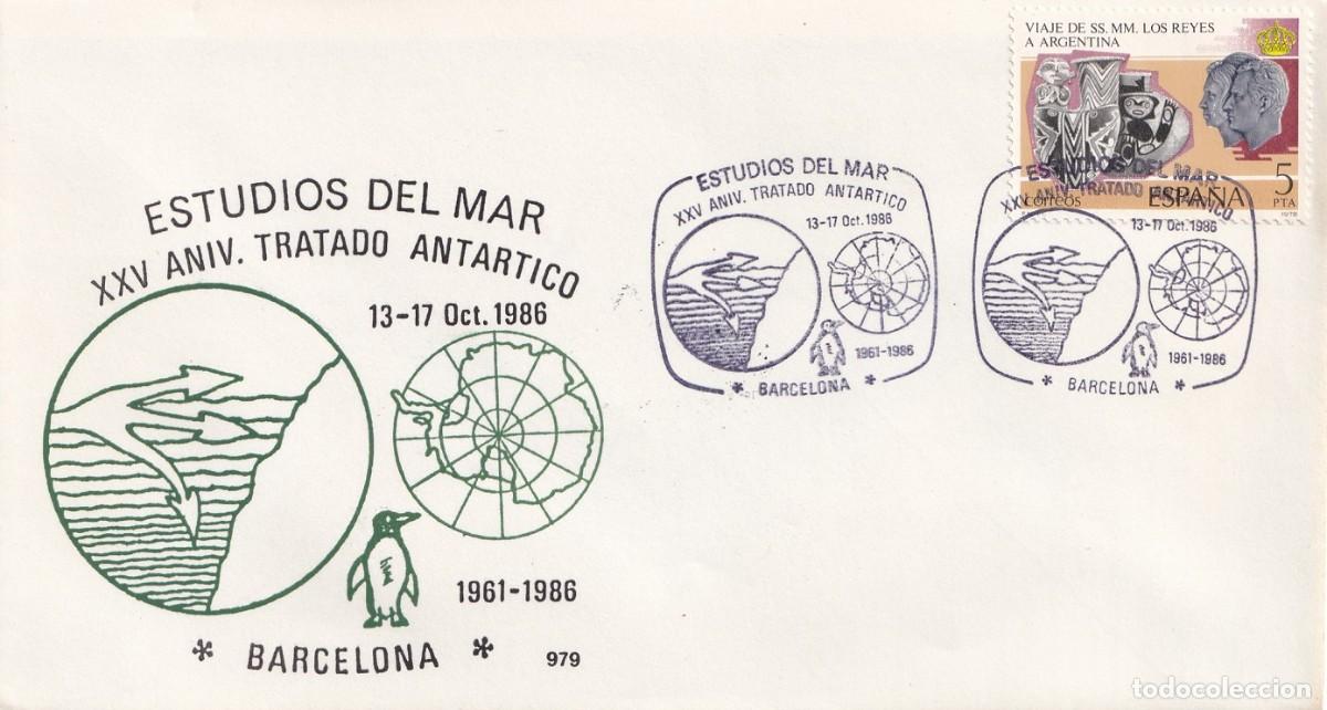 Sellos: Sobre Barcelona 1986 - Estudios del mar - XXV Aniversario del Tratado Ant&aacute;rtico 1961-1986 Matasellos