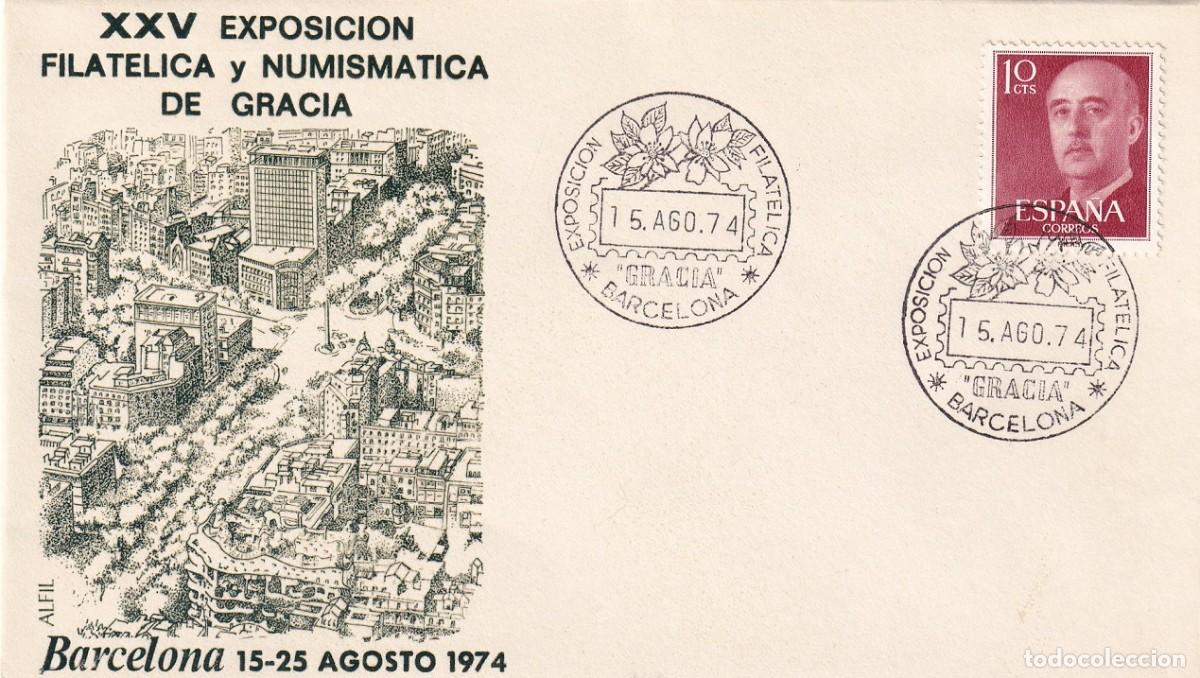 Sellos: Sobre en Alfil Barcelona 1974 - XXV Exposici&oacute;n Filat&eacute;lica y Numism&aacute;tica de Gracia - Matasellos