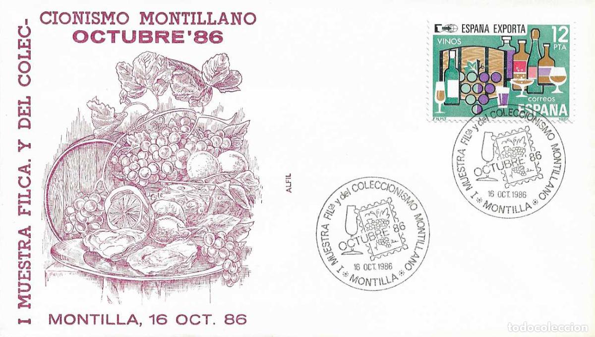 Sellos: VINO VENDIMIA I MUESTRA FILATELICA COLECCIONISMO MONTILLA (CORDOBA) 1986 RARO MATASELLOS SOBRE ALFIL