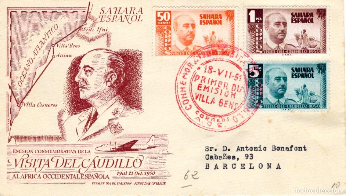 Briefmarken: SC144 Sobre del primer d&iacute;a circulado y certificado SAHARA a&ntilde;o 1951 v.c. 42 &euro; matasello rojo