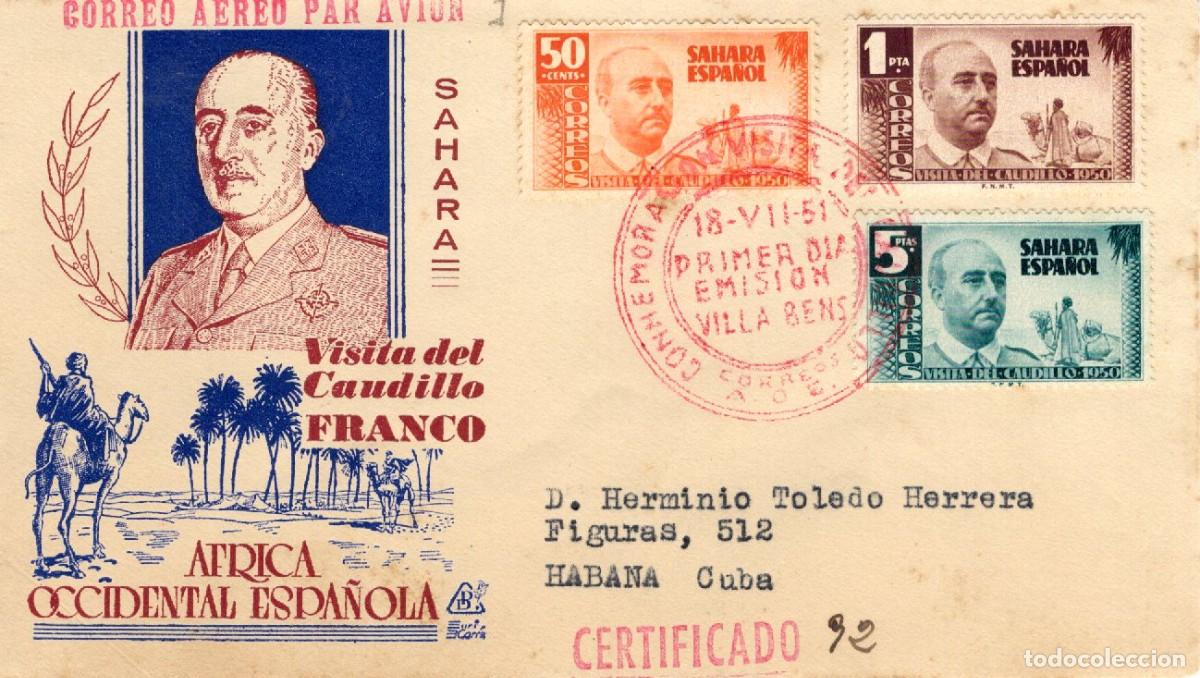 Briefmarken: SC146 Sobre del primer d&iacute;a circulado y certificado SAHARA a&ntilde;o 1951 v.c. 42 &euro; raro dise&ntilde;o